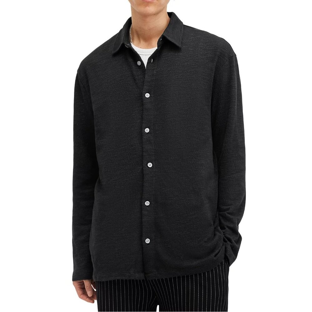 AllSaints Men's Long Sleeve Foster Textured Button Front Shirt Oversized Black